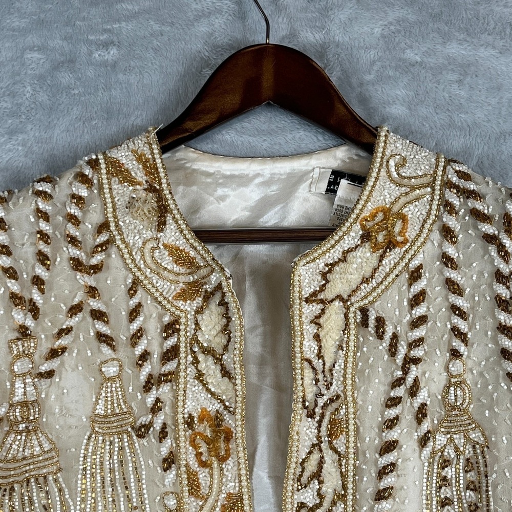 Vintage Niteline Della Roufogali Womens M Silk Beaded Tassel Evening Jacket Gold - Picture 2 of 16